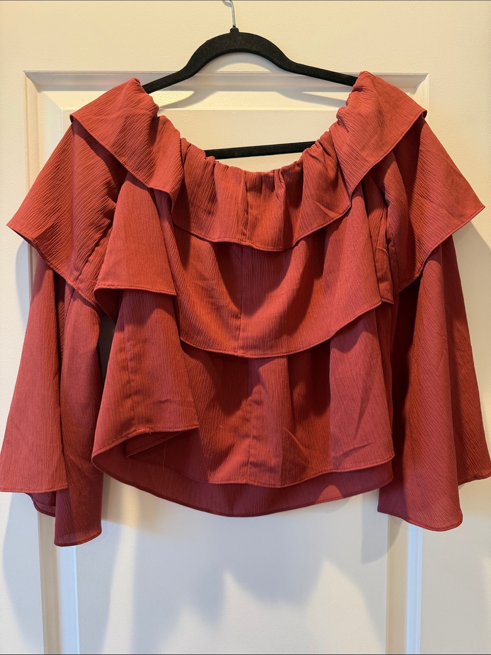 Storee Women's Off-Shoulder Ruffle Blouse - Rust - Picture 4 of 5